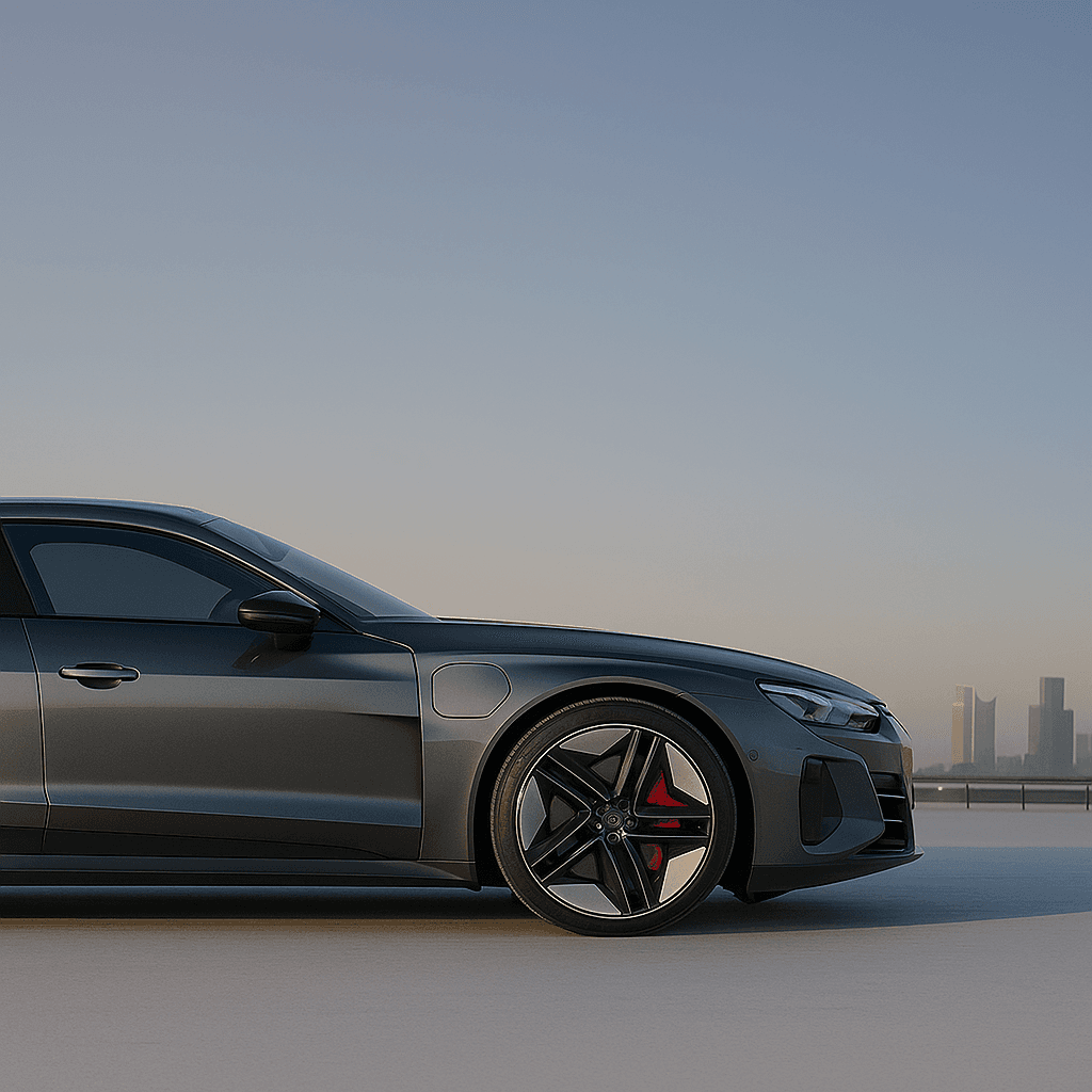 Luxury car with city skyline background